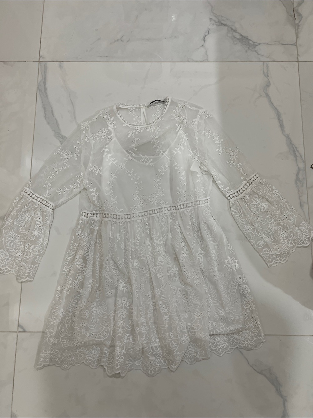 Zara White Lace Long-Sleeve Fit-and-Flare Dress